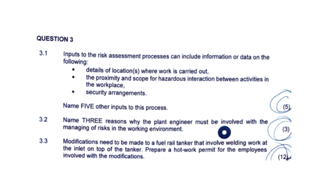 QUESTION 3 3 . 1 Inputs to the risk assessment