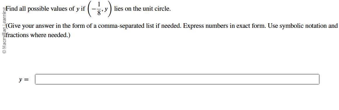 find all possible values of y if ( - 1 / 8 , y )