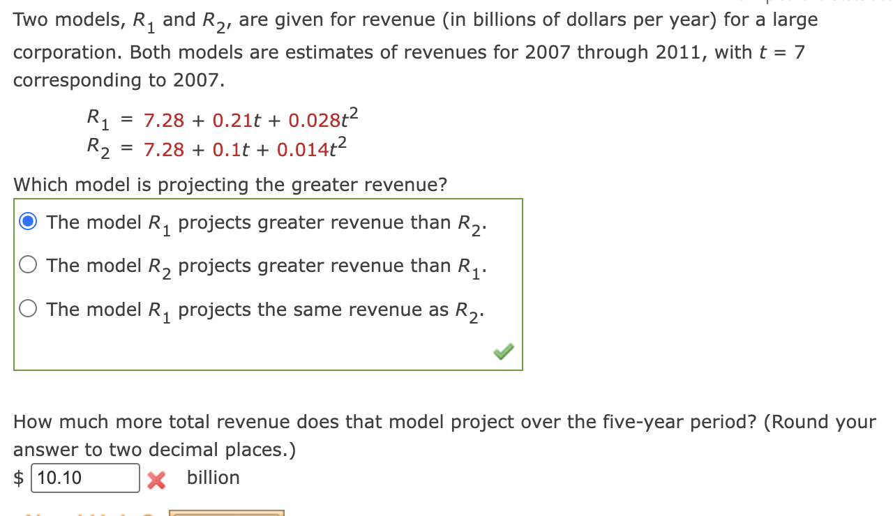 Two models, R 1 and R 2 , are given for revenue (