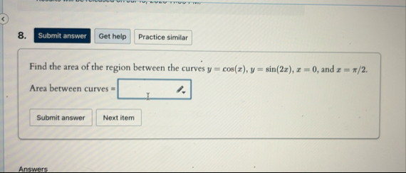 Find the area of the region between the curves y