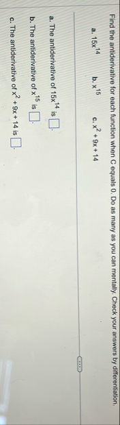 Find the antiderivative for each function when C