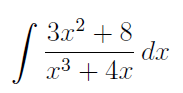 \ int ( 3 x ^ ( 2 ) + 8 ) / ( x ^ ( 3 ) + 4 x ) dx