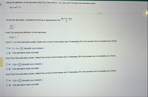 Using the definition of the derivative, find f '