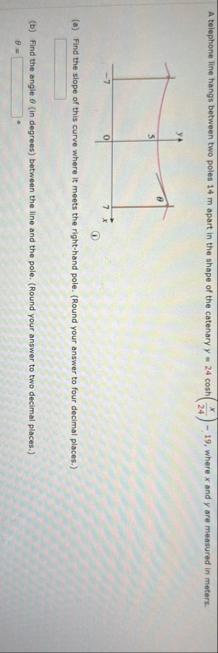 A telephone line hangs between two poles 1 4 m