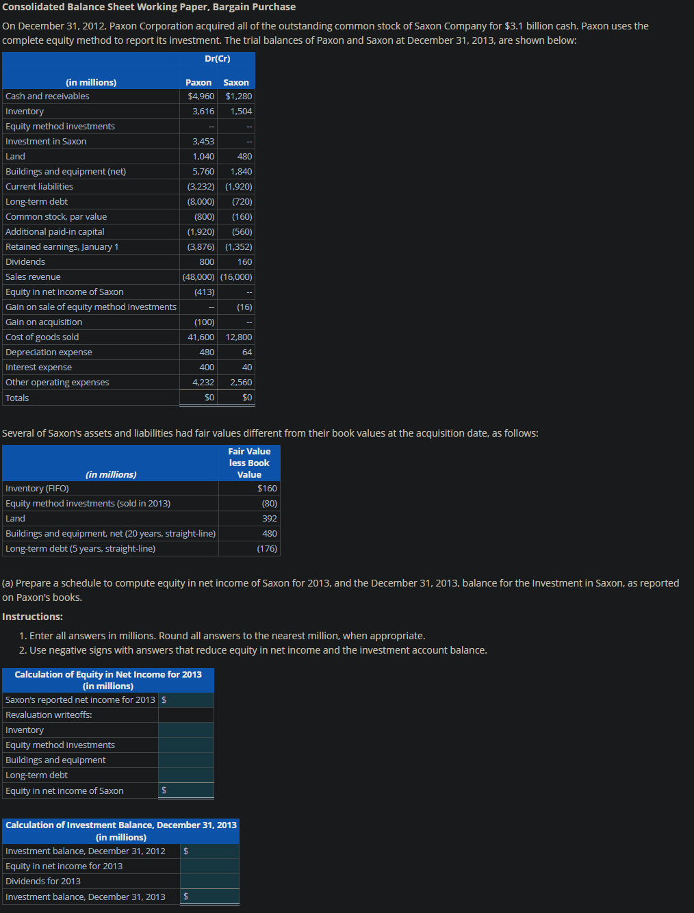 ( a ) Prepare a schedule to compute equity in net