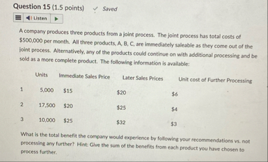 Question 1 5 ( 1 . 5 points ) Saved Listen A