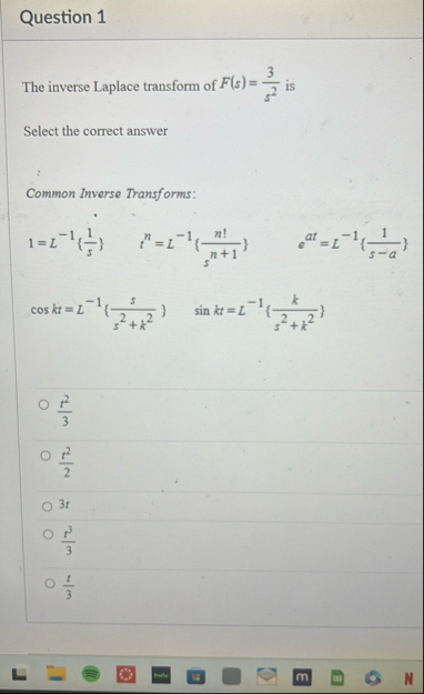 Question 1 The inverse Laplace transform of F ( s