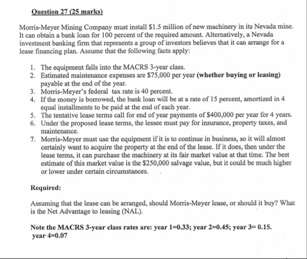 Question 2 7 ( 2 5 marks ) Morris - Meyer Mining