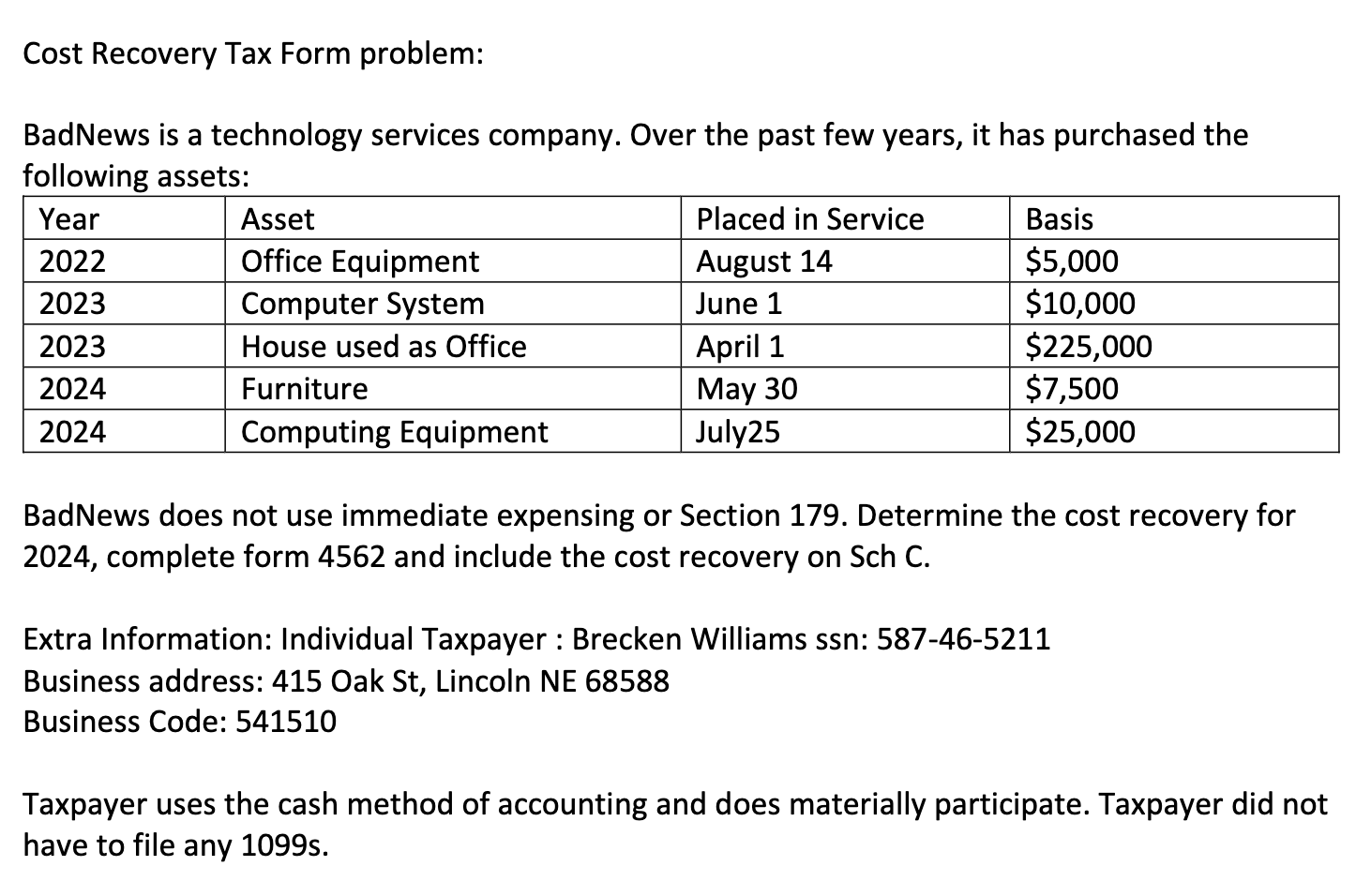 Cost Recovery Tax Form problem: BadNews is a