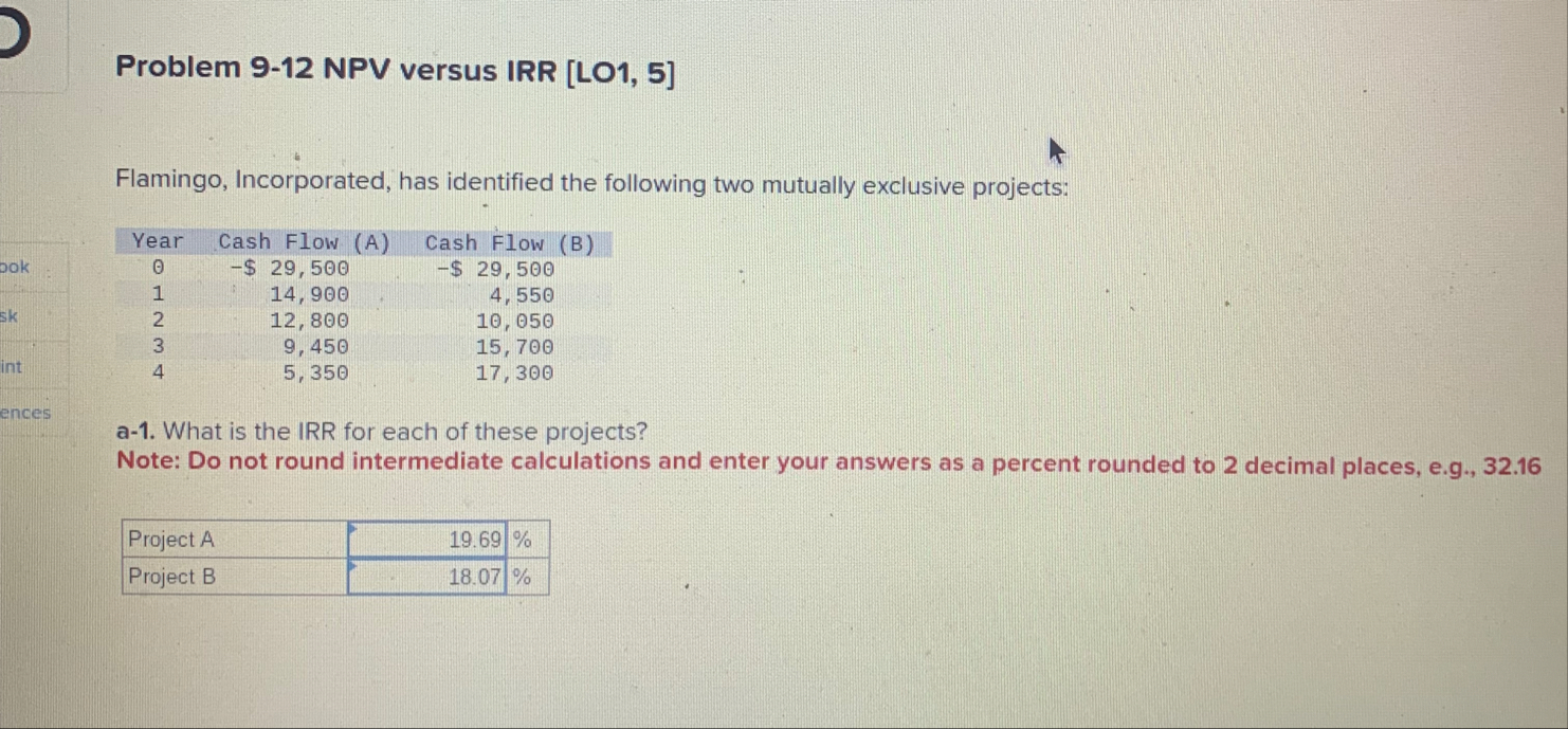 Problem 9 - 1 2 NPV versus IRR [ LO 1 , 5 ]
