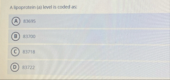 A lipoprotein ( a ) level is coded as: 8 3 6 9 5