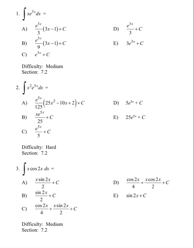 x e 3 x d x = A ) e 3 x 3 ( 3 x - 1 ) C D ) e 3 x