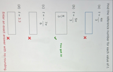 Find the reference number for each value of t . (