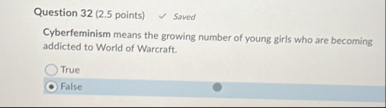 Question 3 2 ( 2 . 5 points ) Saved Cyberfeminism
