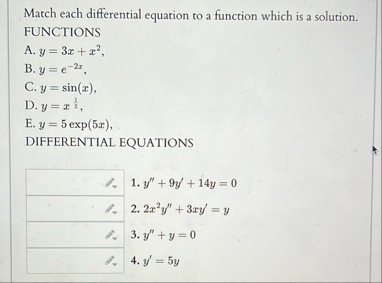 Match each differential equation to a function