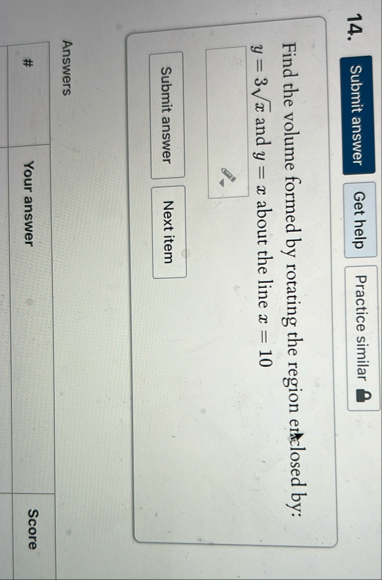 Find the volume formed by rotating the region