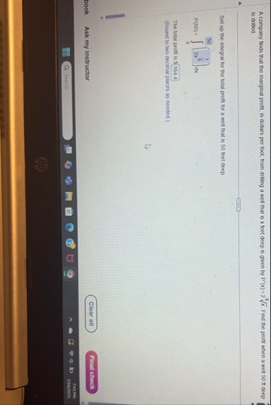 A company finds that the marginal profit, in