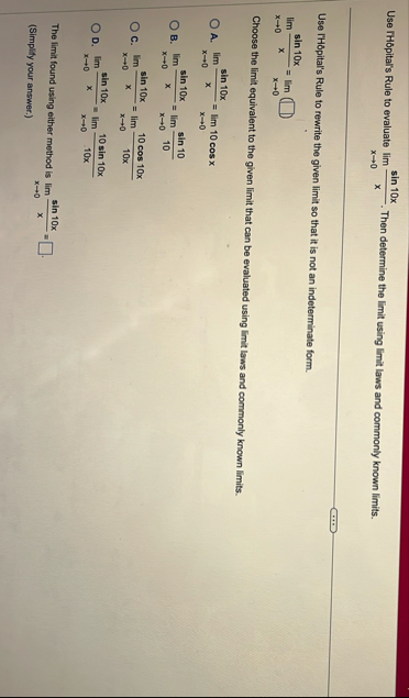 Use rH pital ' s Rule to evaluate lim x 0 s i n 1
