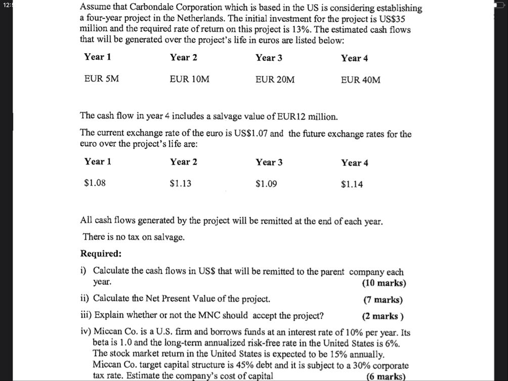 1 2 : Assume that Carbondale Corporation which is