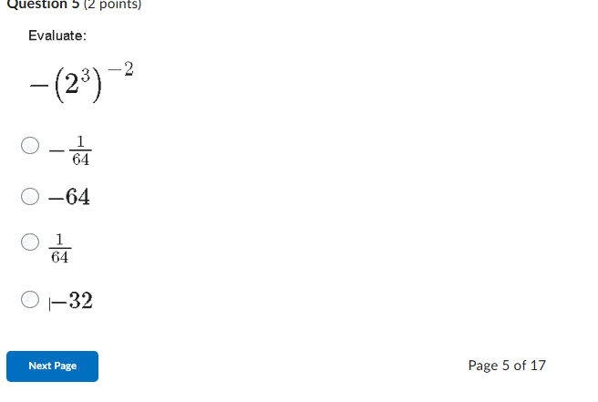 Question 5 ( 2 points ) Evaluate: - ( 2 3 ) - 2 -