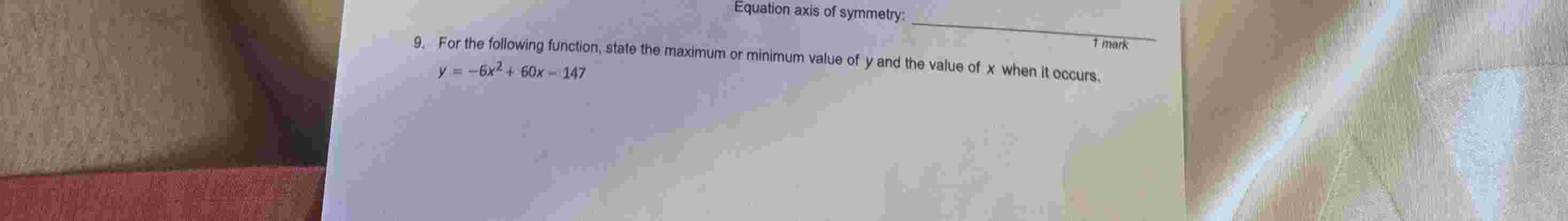 Equation axis o f symmetry: For the following