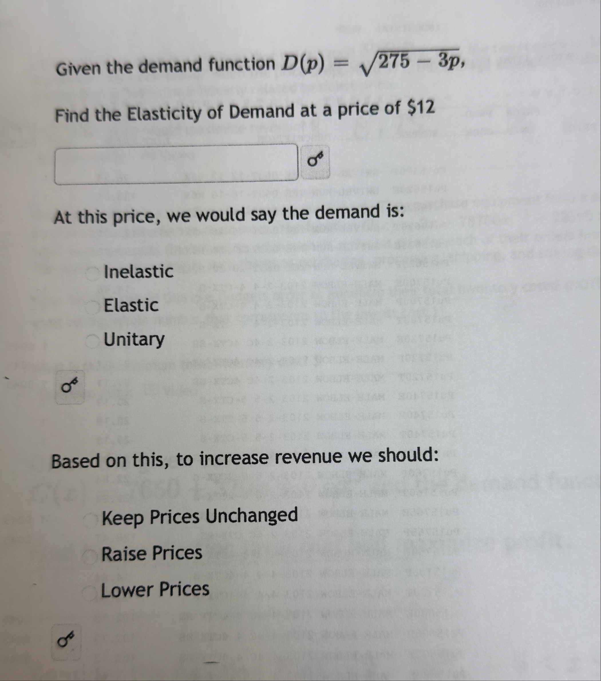 Given the demand function D ( p ) = 2 7 5 - 3 p 2