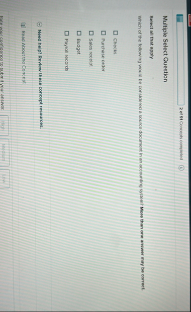2 of 9 1 Concepts completed Multiple Select