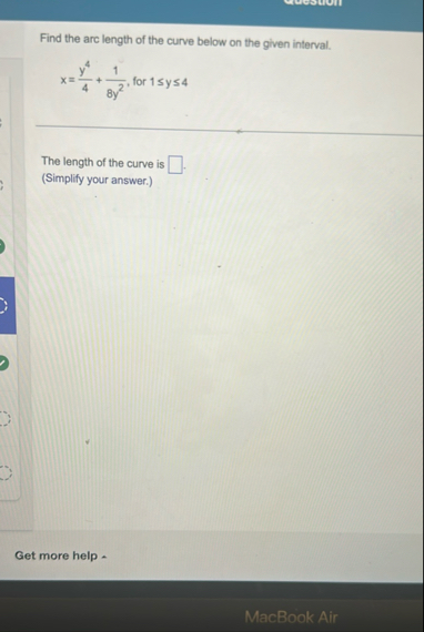 Find the arc length of the curve below on the