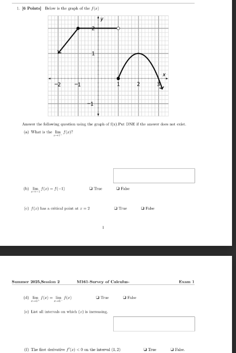 [ 6 Points ] Below i s the graph o f the f ( x )