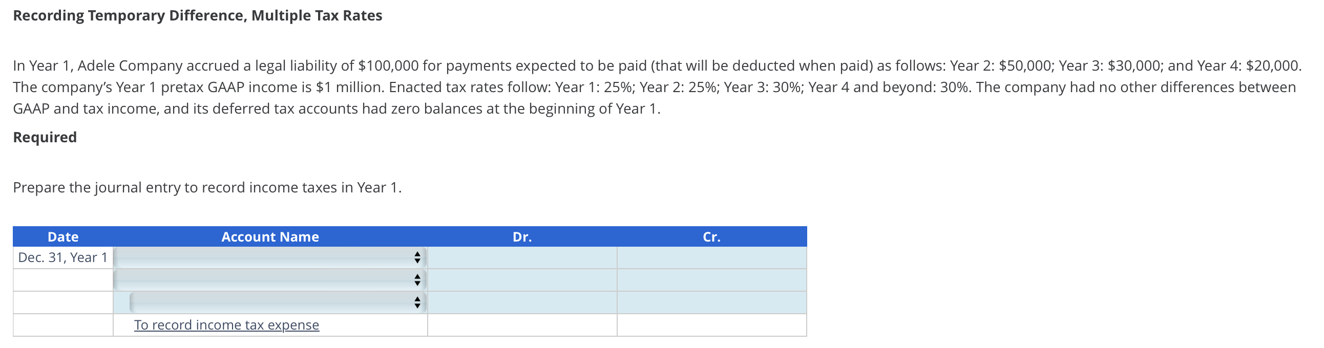 Recording Temporary Difference, Multiple Tax