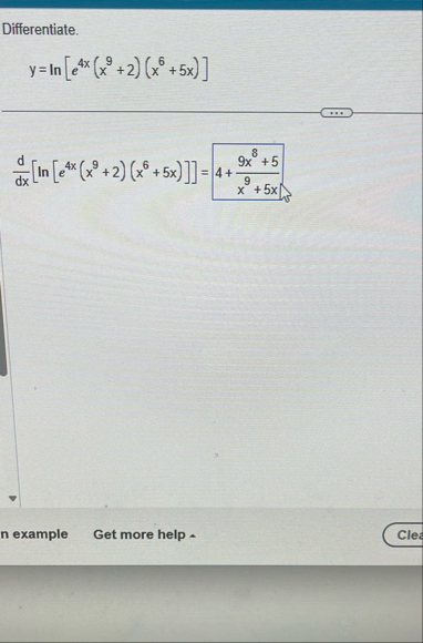 Differentiate. y = l n [ e 4 x ( x 9 2 ) ( x 6 5