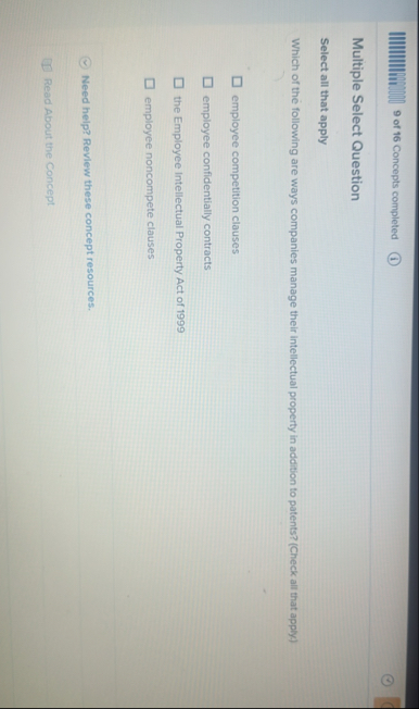 9 of 1 6 Concepts completed ( 1 ) Multiple Select
