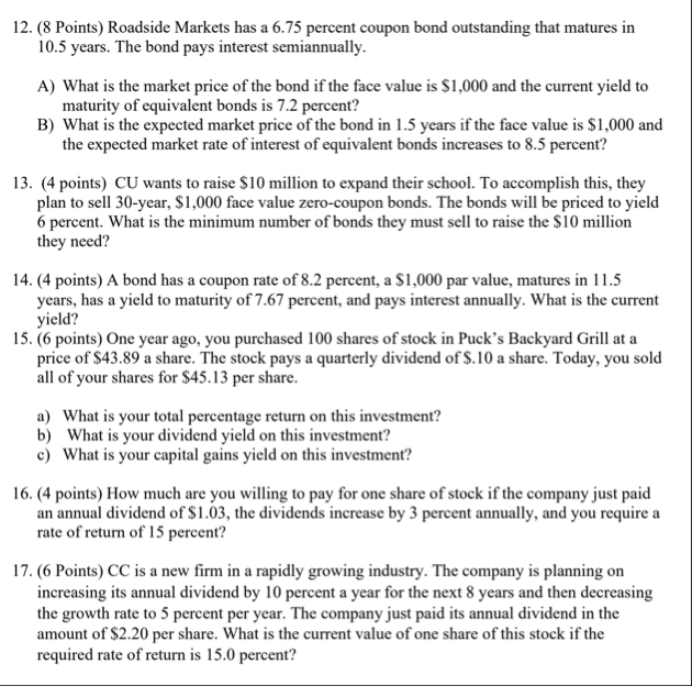 ( 8 Points ) Roadside Markets has a 6 . 7 5