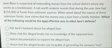 Jane Blow is suspected of embezzling money from