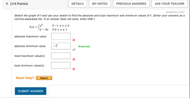 [ 1 / 4 Points ] MY NOTES SCalcET 9 4 . 1 . 0 2 7