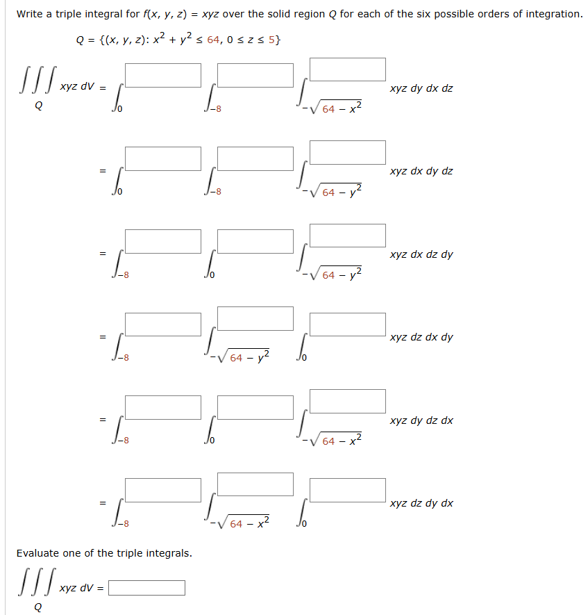 Write a triple integral for f ( x , y , z ) = xyz