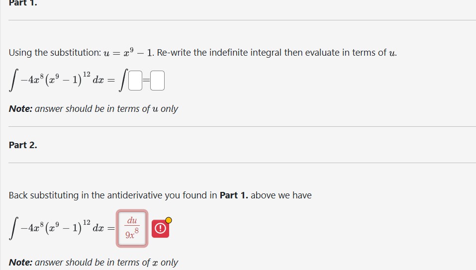 Using the substitution: u = x ^ ( 9 ) - 1 . Re -