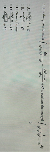 Use the given formula d u u 2 u 2 - a 2 2 = u 2 -