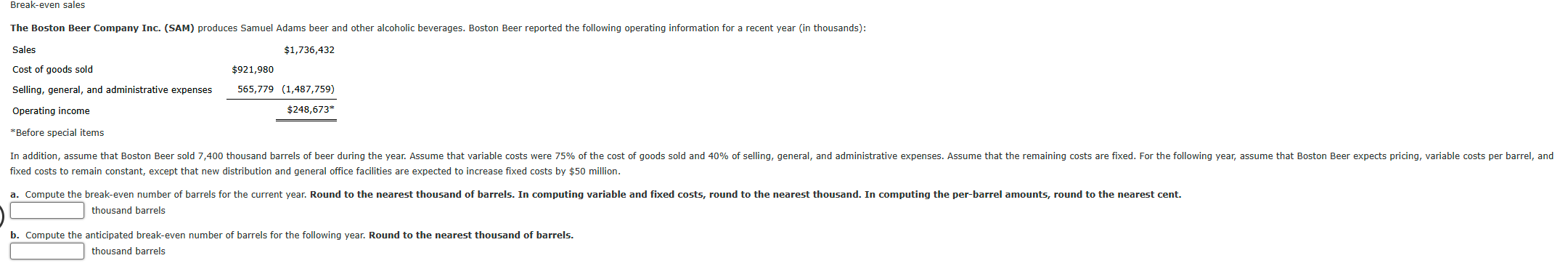 Break - even sales * Before special items fixed