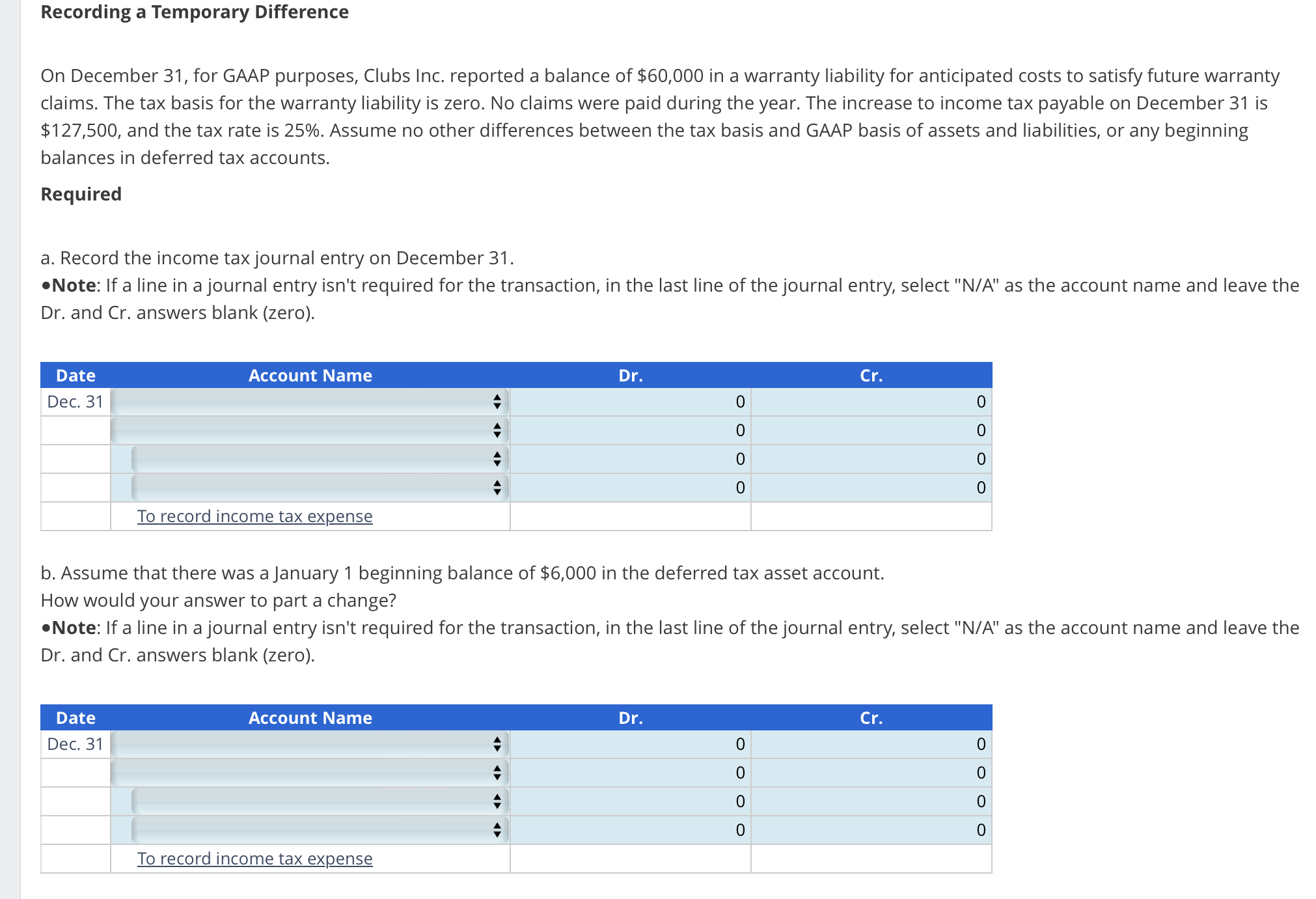 Recording a Temporary Difference On December 3 1