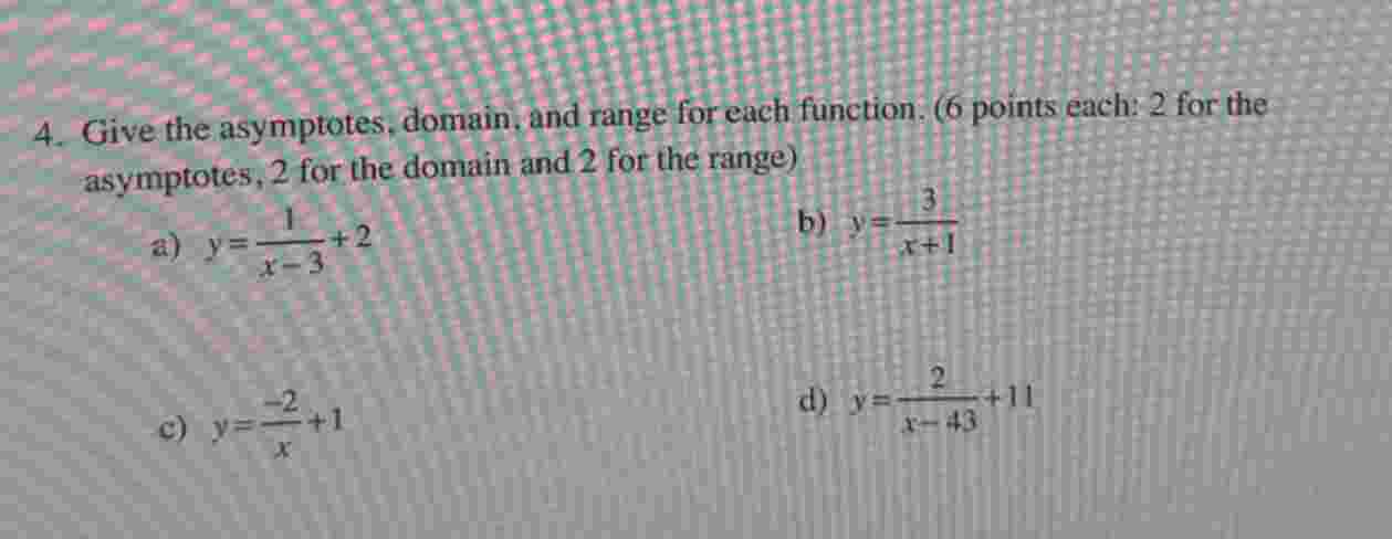 Give the asymptotes, domain and range for each