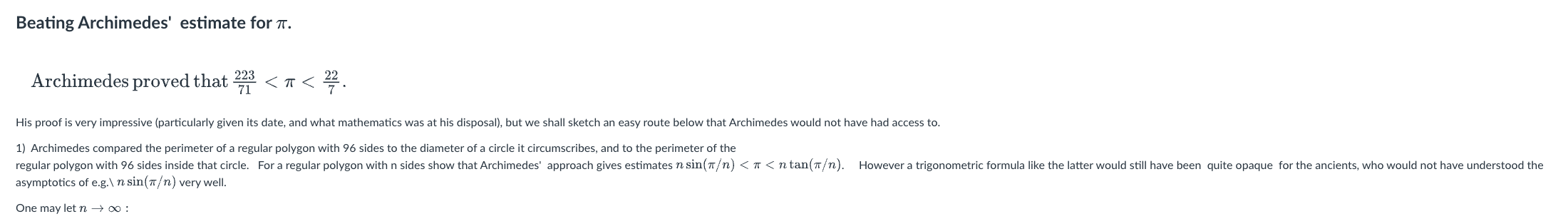 Beating Archimedes' estimate for . Archimedes
