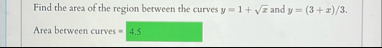 Find the area of the region between the curves y
