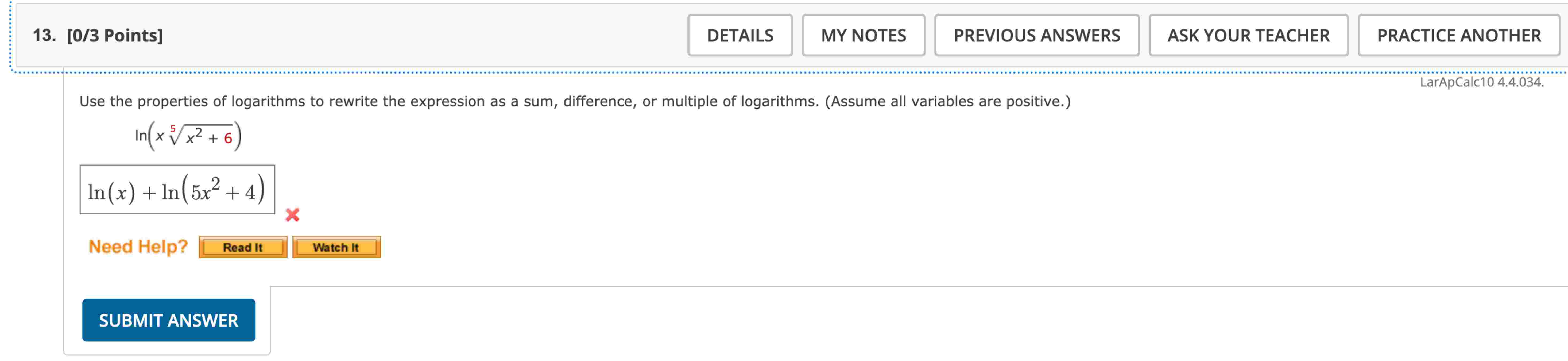 [ 0 3 Points ] Use the properties o f logarithms
