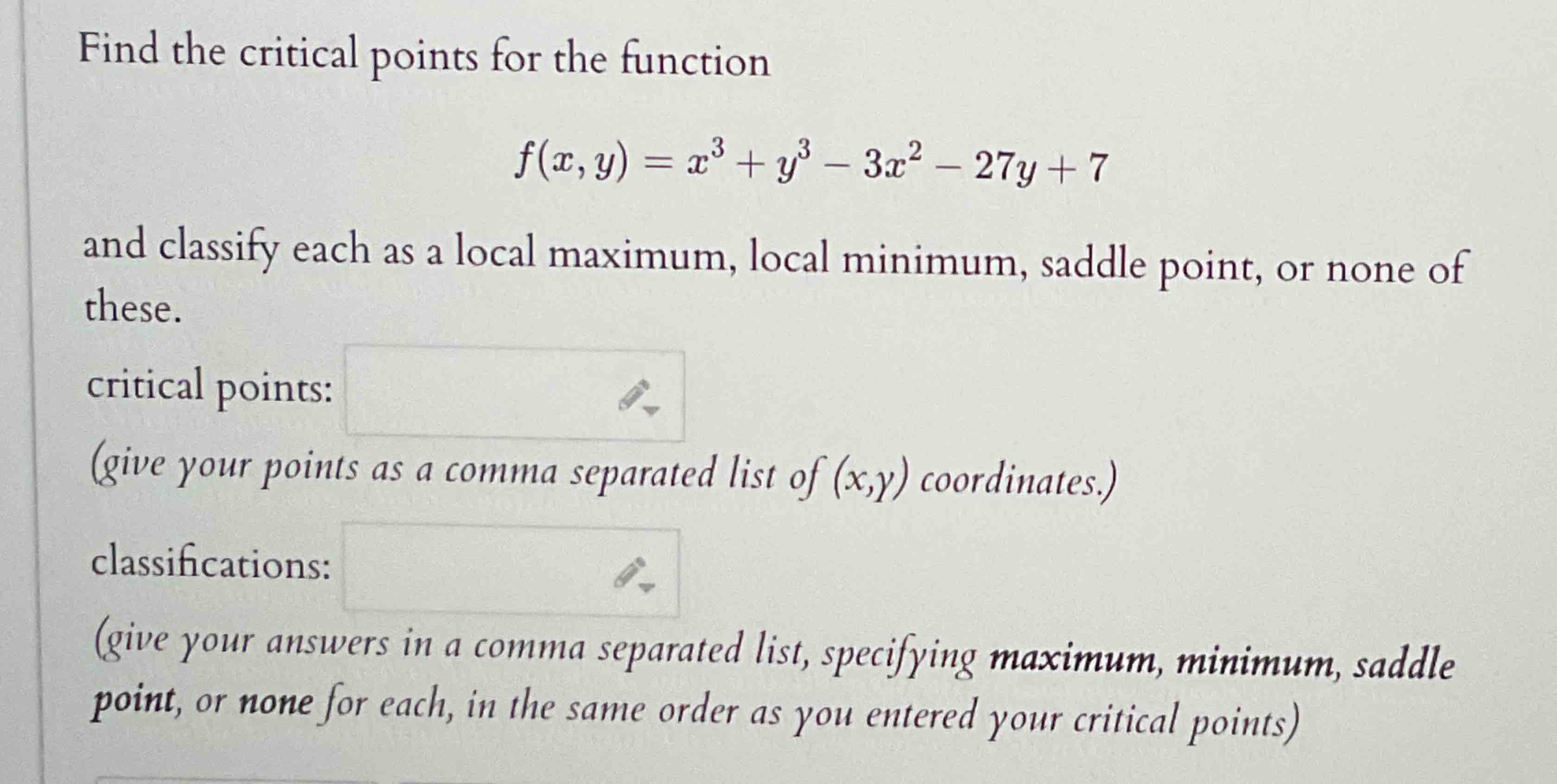 Find the critical points for the function f ( x ,