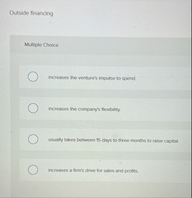 Outside financing Multiple Choice increases the