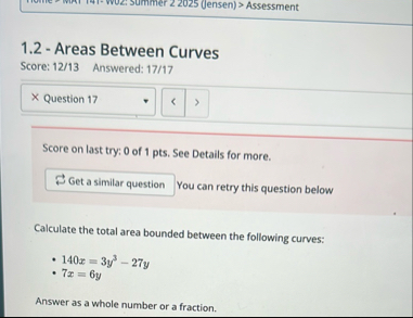 1 . 2 - Areas Between Curves Score: 1 2 / 1 3