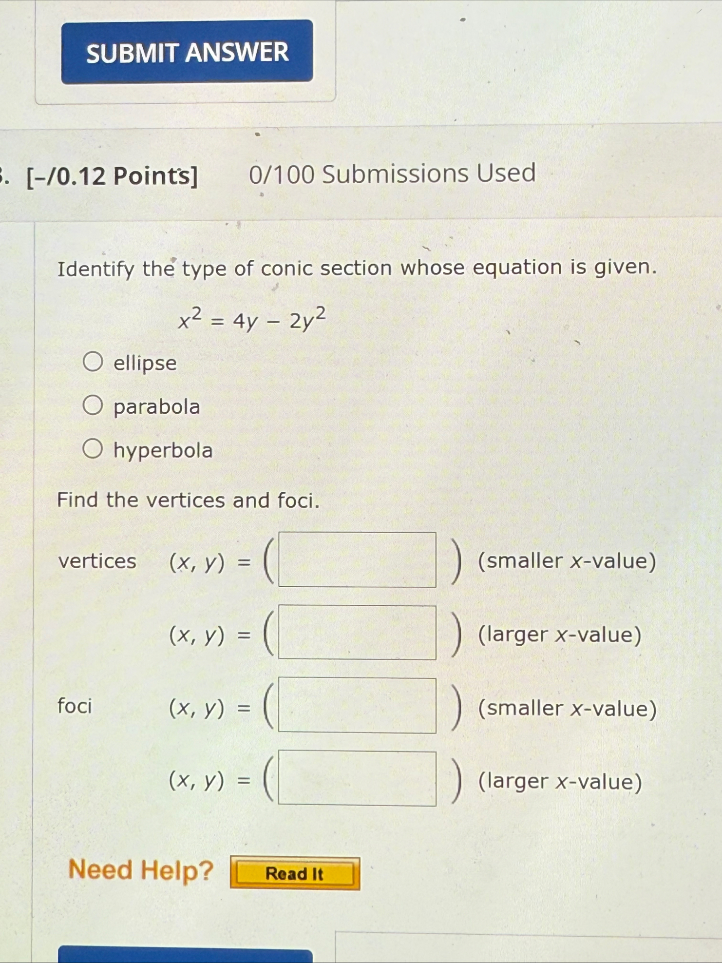 [ - / 0 . 1 2 Points ] 0 / 1 0 0 Submissions Used