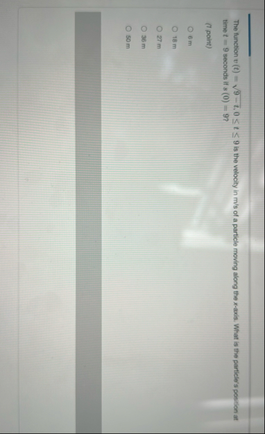 The function v ( t ) = 9 - t 2 . 0 t 9 is the