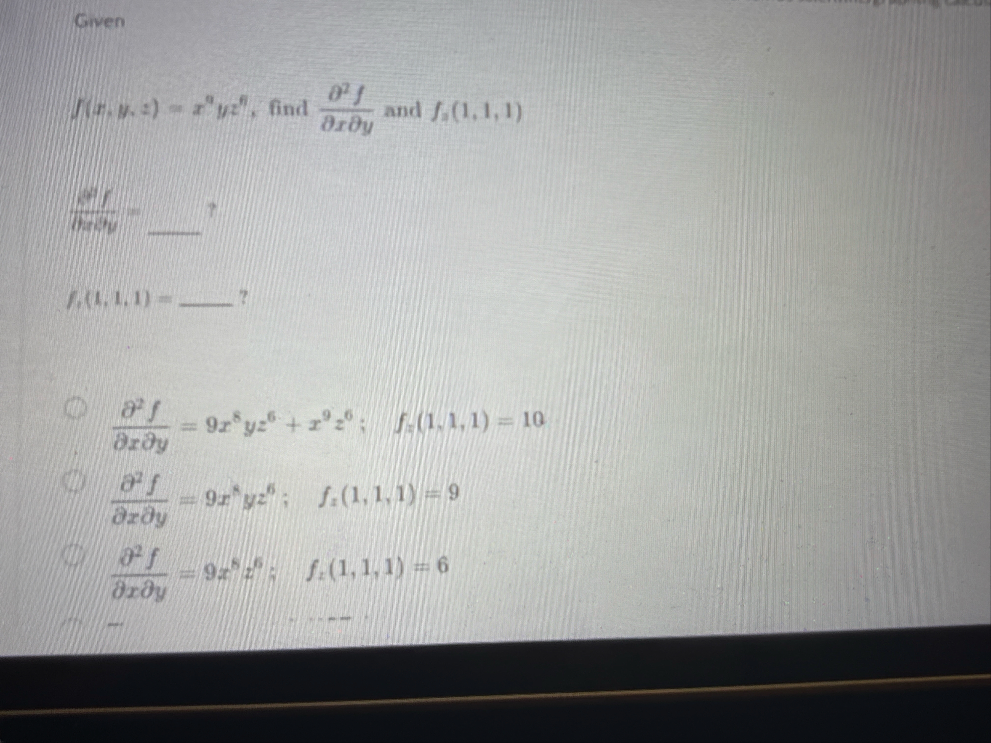 Given f ( x , y , z ) = x 9 y z n , find d e l 2
